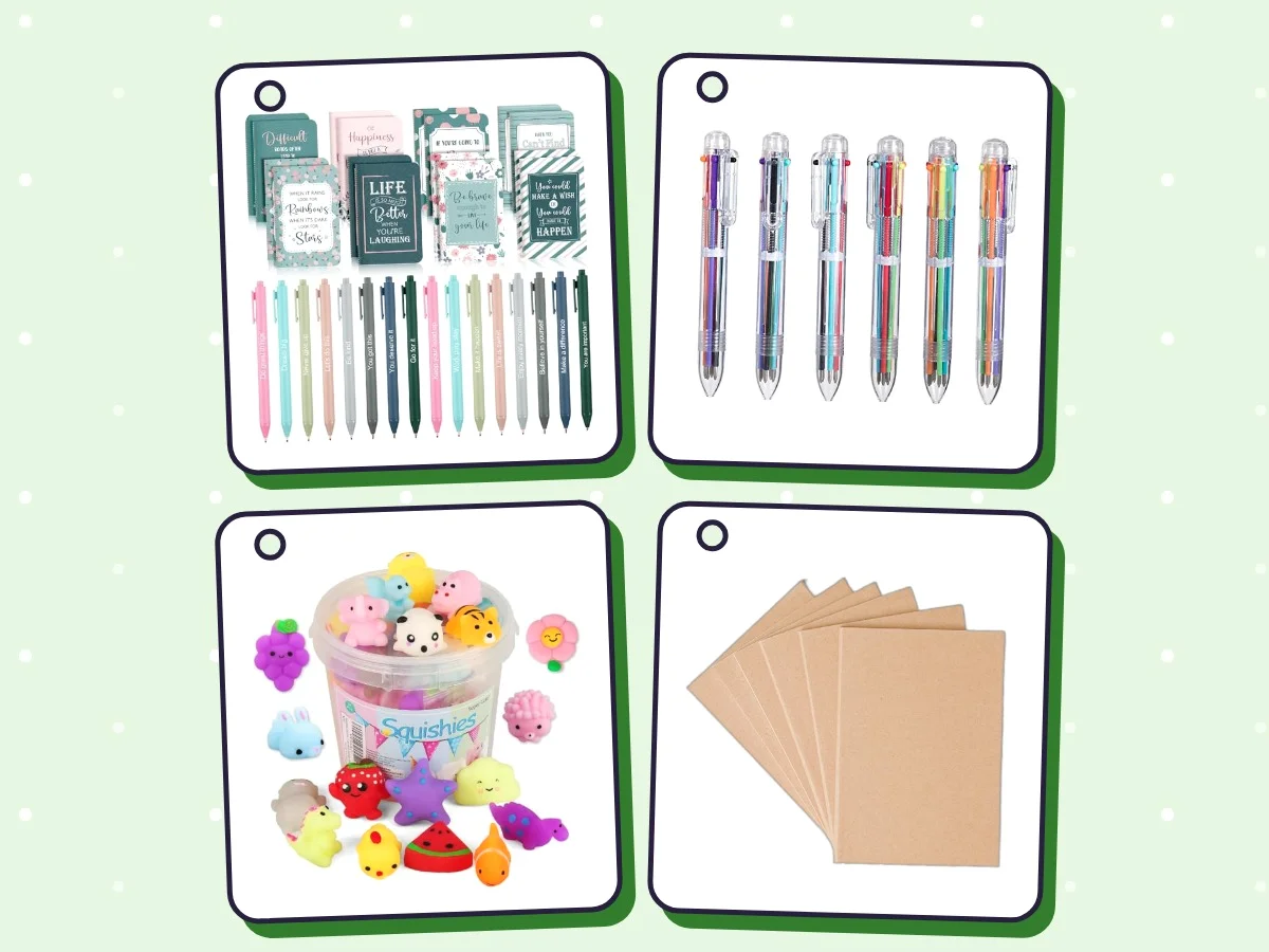 A box of mini notebooks with pens beside it