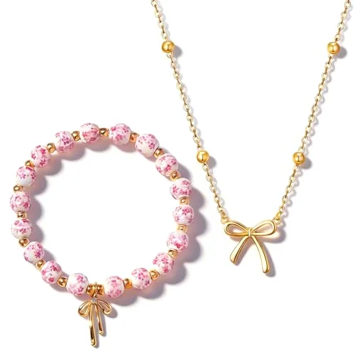 Flower Beads Bow Charm Bracelet Necklace Set