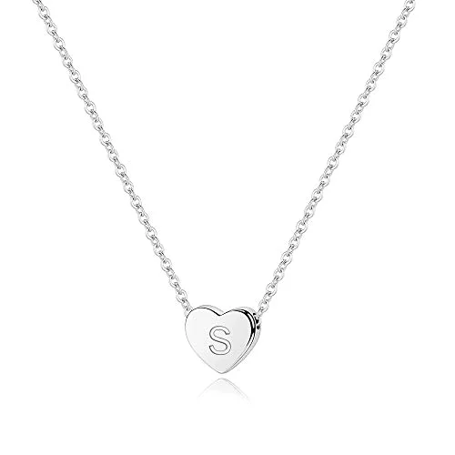 Tiny Silver Heart Initial S Necklace